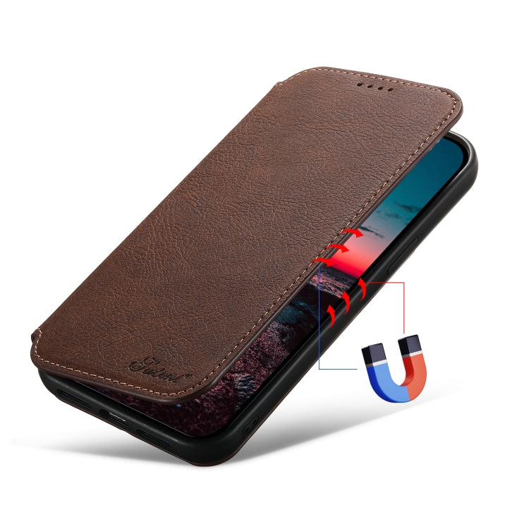 For iPhone 12/12 Pro Suteni J06 Retro Matte Litchi Texture Leather Magnetic Magsafe Phone Case(Brown) - iPhone 12 / 12 Pro Cases by Suteni | Online Shopping South Africa | PMC Jewellery | Buy Now Pay Later Mobicred