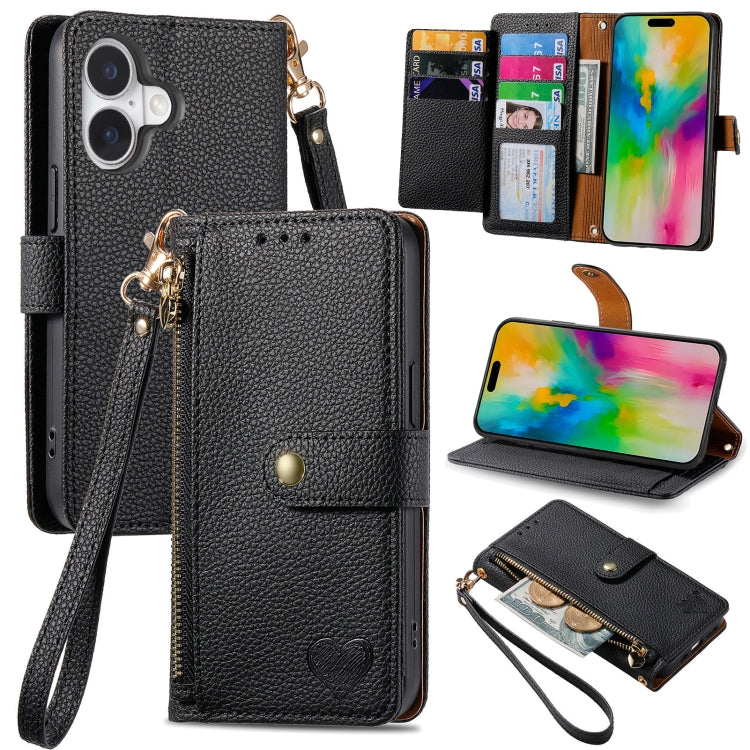 For iPhone 16 Love Zipper Lanyard Leather Phone Case(Black) - iPhone 16 Cases by PMC Jewellery | Online Shopping South Africa | PMC Jewellery | Buy Now Pay Later Mobicred