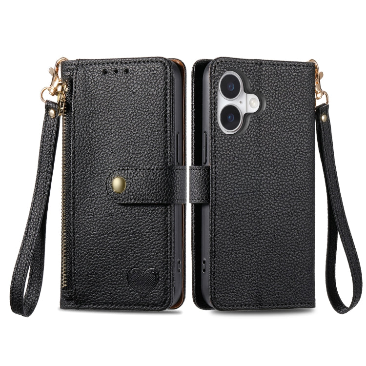 For iPhone 16 Plus Love Zipper Lanyard Leather Phone Case(Black) - iPhone 16 Plus Cases by PMC Jewellery | Online Shopping South Africa | PMC Jewellery | Buy Now Pay Later Mobicred