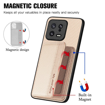 For Xiaomi 13 Carbon Fiber Magnetic Card Bag Phone Case(Khaki) - 13 Cases by PMC Jewellery | Online Shopping South Africa | PMC Jewellery | Buy Now Pay Later Mobicred