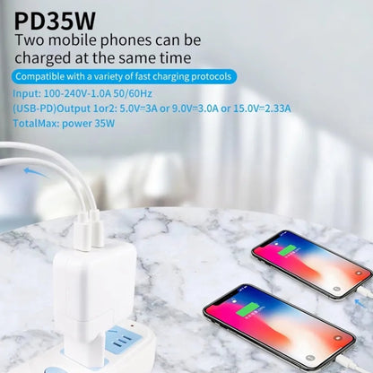 35W PD3.0 USB-C / Type-C Dual Port Charger with 2m Type-C to Type-C Data Cable, EU Plug - USB Charger by PMC Jewellery | Online Shopping South Africa | PMC Jewellery | Buy Now Pay Later Mobicred