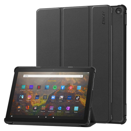 For Amazon Fire HD 10 2023 ENKAY ENKAY Tri-fold Custer Texture Leather Smart Tablet Case(Black) - Amazon by ENKAY | Online Shopping South Africa | PMC Jewellery | Buy Now Pay Later Mobicred