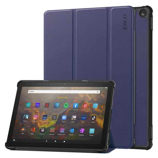 For Amazon Fire HD 10 2023 ENKAY ENKAY Tri-fold Custer Texture Leather Smart Tablet Case(Dark Blue) - Amazon by ENKAY | Online Shopping South Africa | PMC Jewellery | Buy Now Pay Later Mobicred