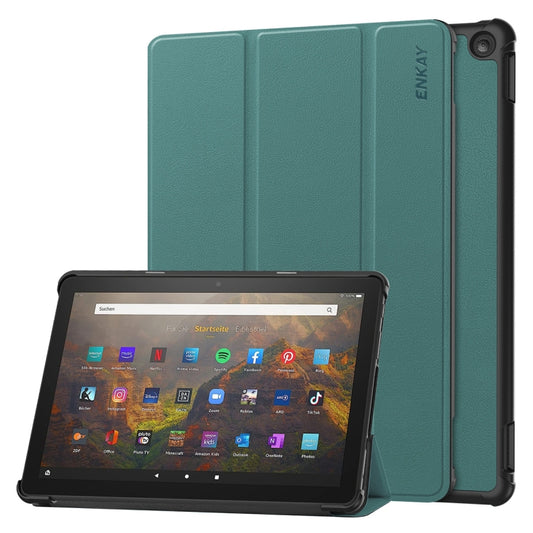 For Amazon Fire HD 10 2023 ENKAY ENKAY Tri-fold Custer Texture Leather Smart Tablet Case(Dark Green) - Amazon by ENKAY | Online Shopping South Africa | PMC Jewellery | Buy Now Pay Later Mobicred