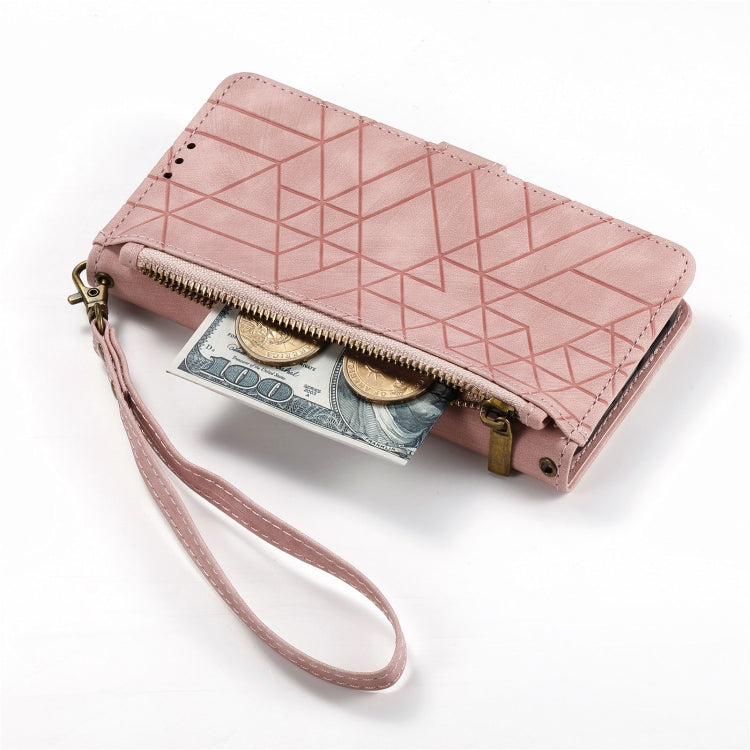 For iPhone 14 Geometric Zipper Wallet Side Buckle Leather Phone Case(Pink) - free shipping - PMC TechLife - Order now!