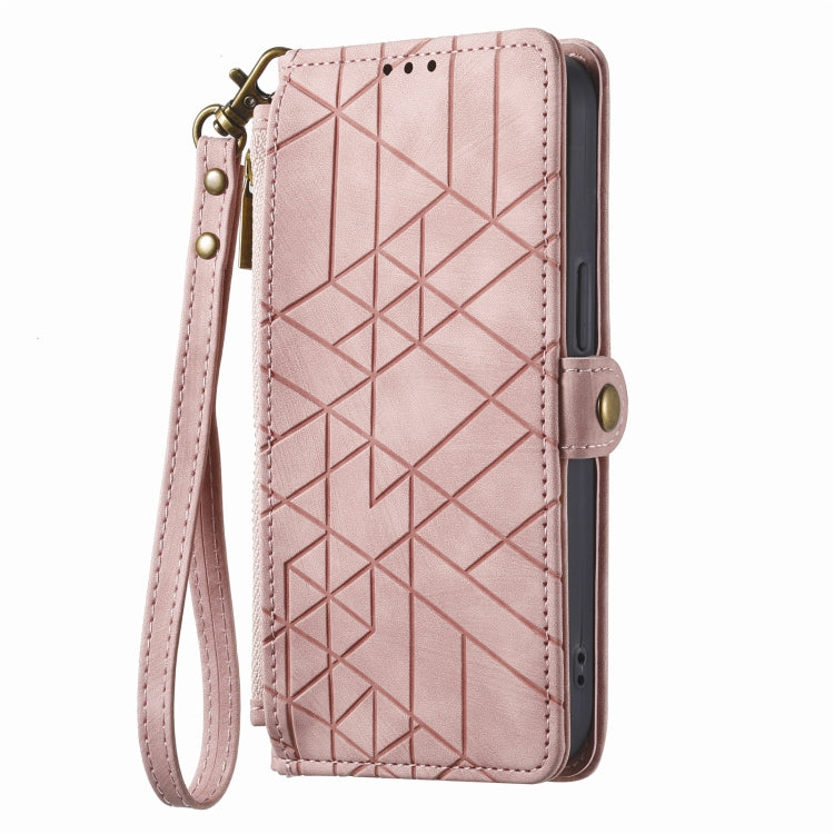 For iPhone 14 Plus Geometric Zipper Wallet Side Buckle Leather Phone Case(Pink) - free shipping - PMC TechLife - Order now!