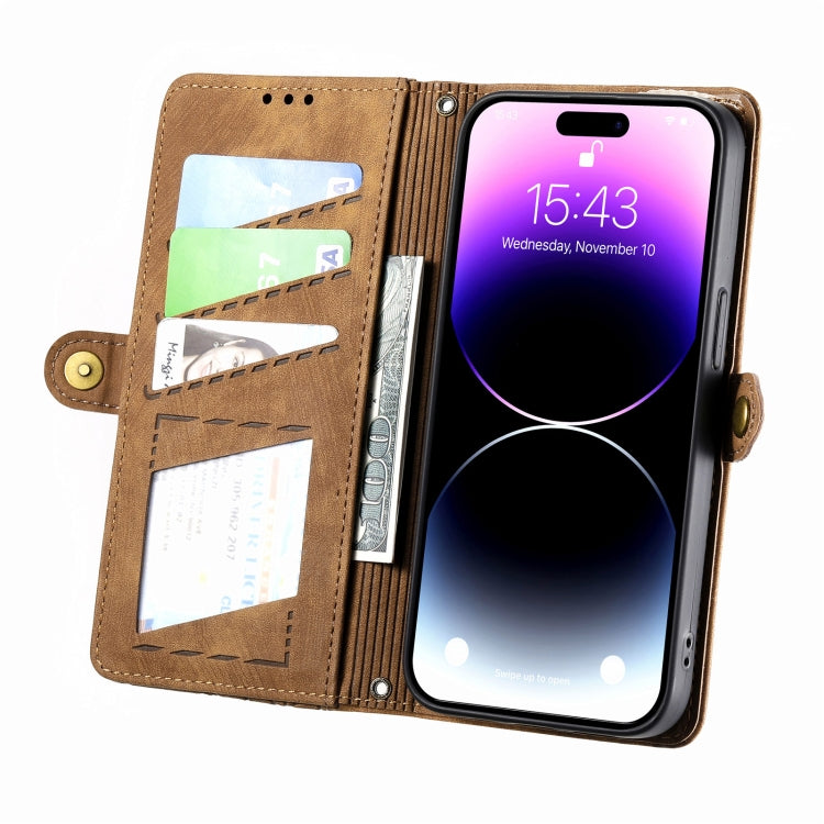 For iPhone 13 Pro Geometric Zipper Wallet Side Buckle Leather Phone Case(Brown) - free shipping - PMC TechLife - Order now!