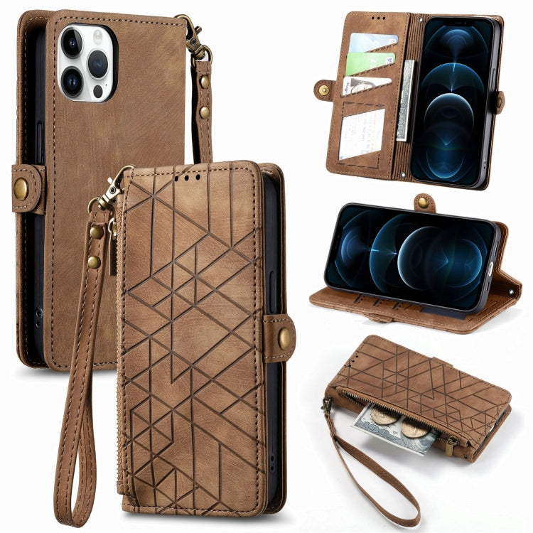For iPhone 12 Pro Max Geometric Zipper Wallet Side Buckle Leather Phone Case(Brown) - free shipping - PMC TechLife - Order now!