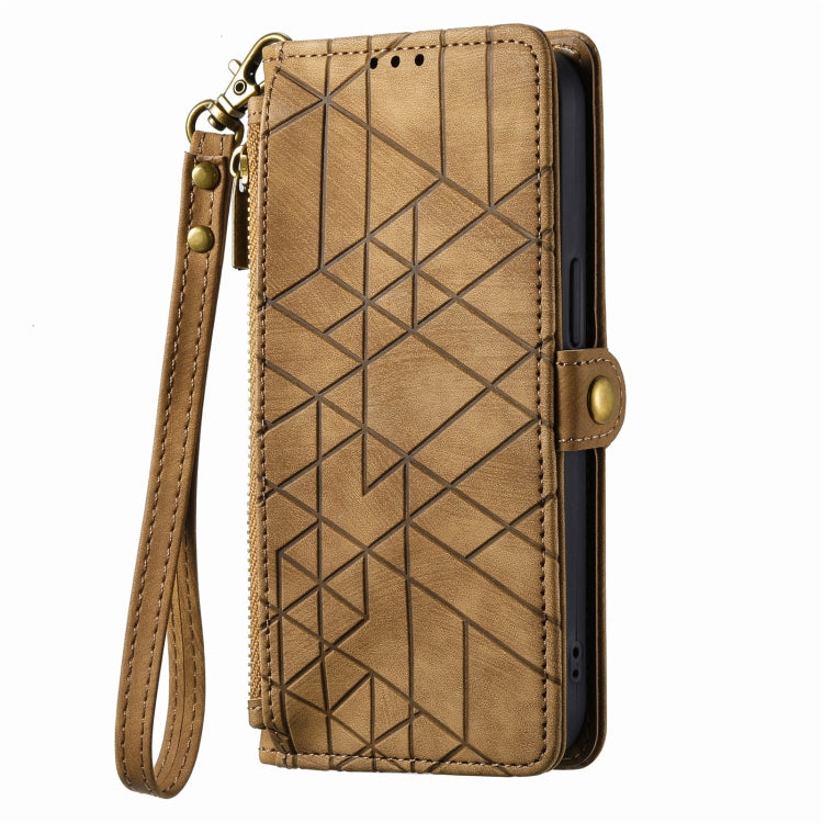 For iPhone 12 Pro Max Geometric Zipper Wallet Side Buckle Leather Phone Case(Brown) - free shipping - PMC TechLife - Order now!