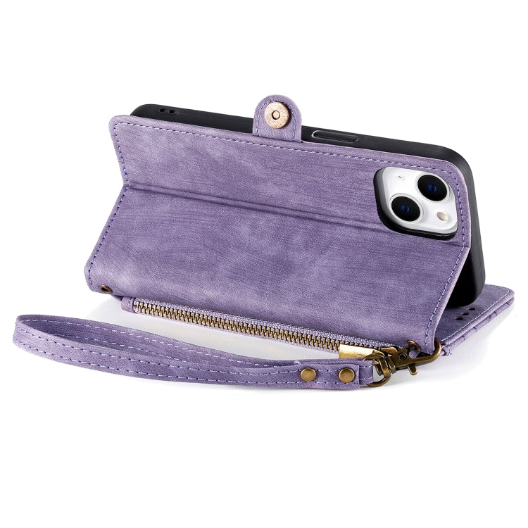 For iPhone 15 Plus Geometric Zipper Wallet Side Buckle Leather Phone Case(Purple) - free shipping - PMC TechLife - Order now!