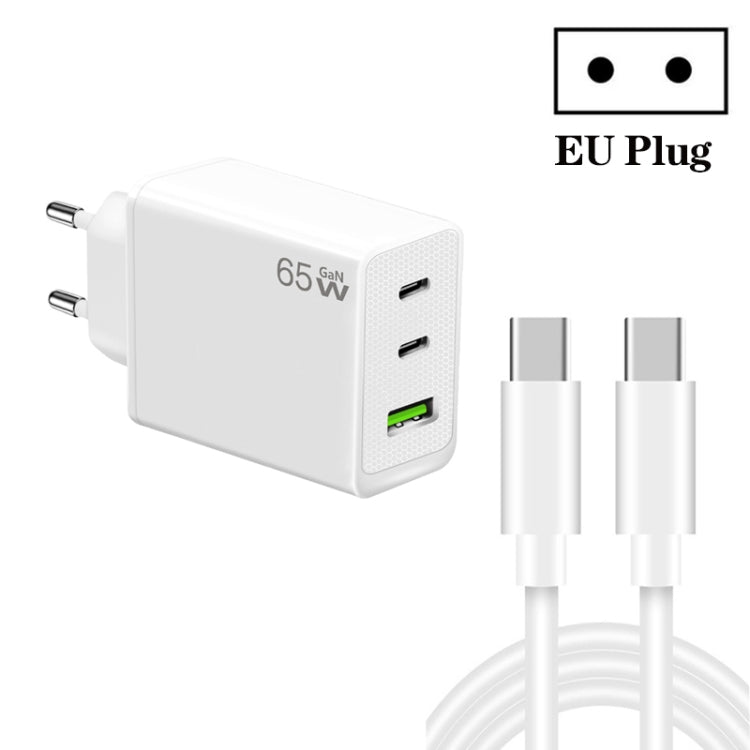 GaN PD65W Type-C x 2 + USB3.0 Charger with Type-C to Type-C Data Cable ,EU Plug(White) - USB Charger by PMC Jewellery | Online Shopping South Africa | PMC Jewellery | Buy Now Pay Later Mobicred