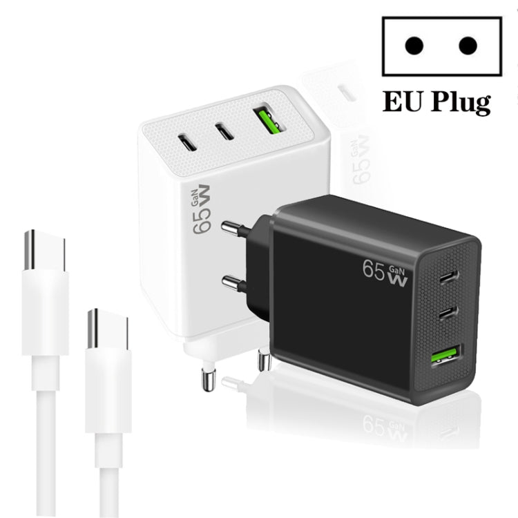 GaN PD65W Type-C x 2 + USB3.0 Charger with Type-C to Type-C Data Cable ,EU Plug(Black) - USB Charger by PMC Jewellery | Online Shopping South Africa | PMC Jewellery | Buy Now Pay Later Mobicred