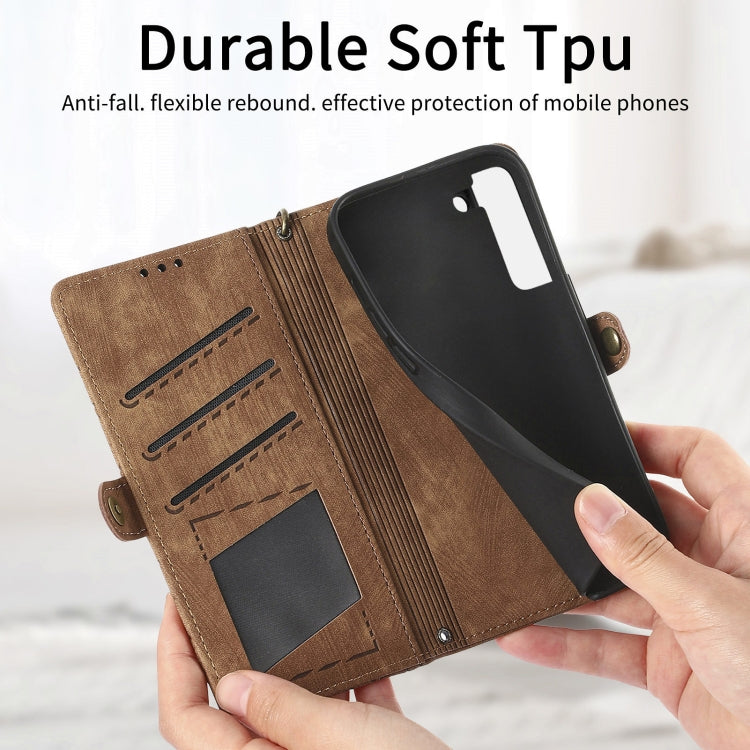 For Samsung Galaxy S21 FE 5G Geometric Zipper Wallet Side Buckle Leather Phone Case(Brown) - free shipping - PMC TechLife - Order now!