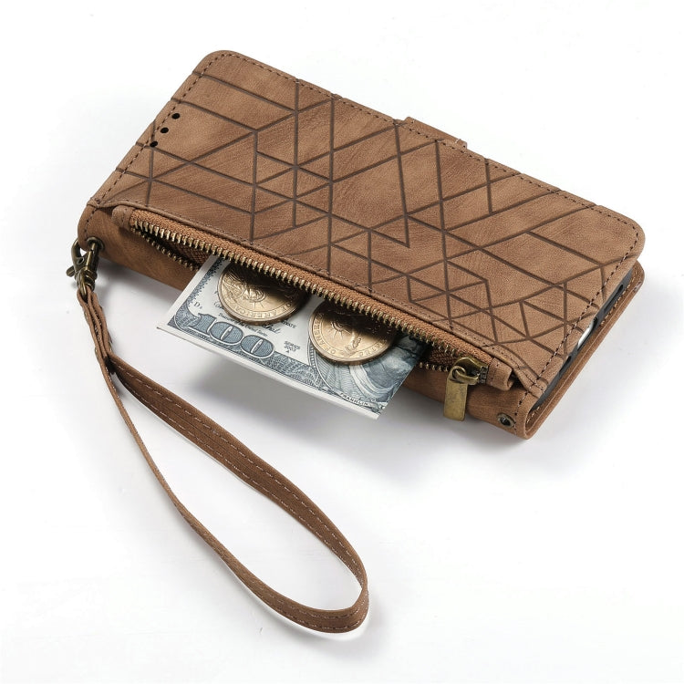 For Samsung Galaxy A30 Geometric Zipper Wallet Side Buckle Leather Phone Case(Brown) - free shipping - PMC TechLife - Order now!