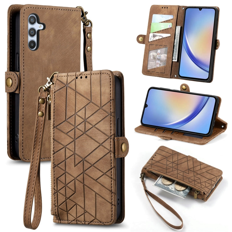 For Samsung Galaxy A22 4G Geometric Zipper Wallet Side Buckle Leather Phone Case(Brown) - free shipping - PMC TechLife - Order now!