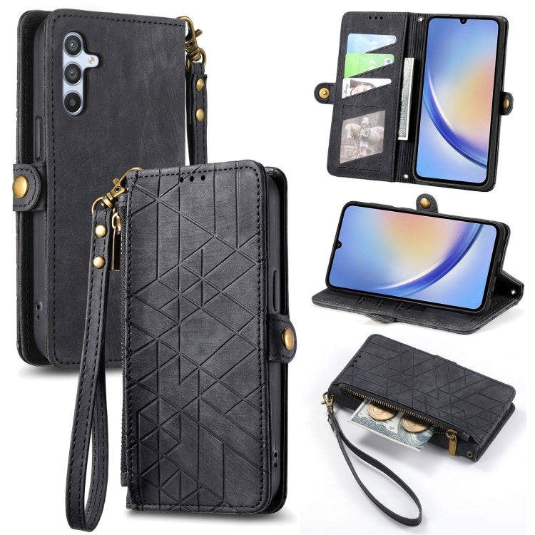 For Samsung Galaxy A22 4G Geometric Zipper Wallet Side Buckle Leather Phone Case(Black) - free shipping - PMC TechLife - Order now!