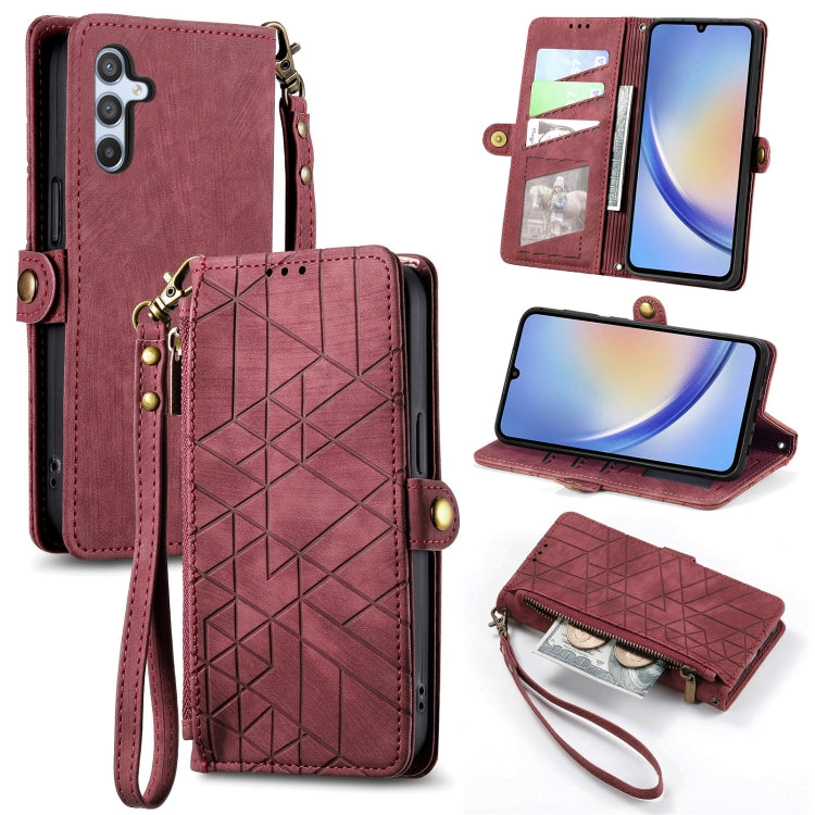 For Samsung Galaxy A34 5G Geometric Zipper Wallet Side Buckle Leather Phone Case(Red) - free shipping - PMC TechLife - Order now!