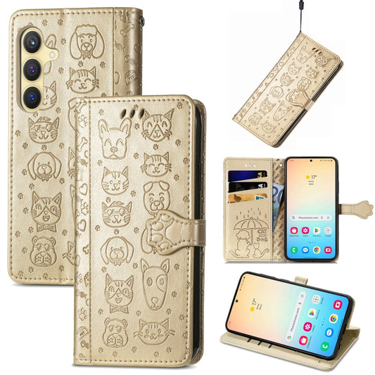 For Samsung Galaxy S25 5G Cat and Dog Embossed Leather Phone Case(Gold) - Galaxy S25 5G Cases by PMC Jewellery | Online Shopping South Africa | PMC Jewellery | Buy Now Pay Later Mobicred