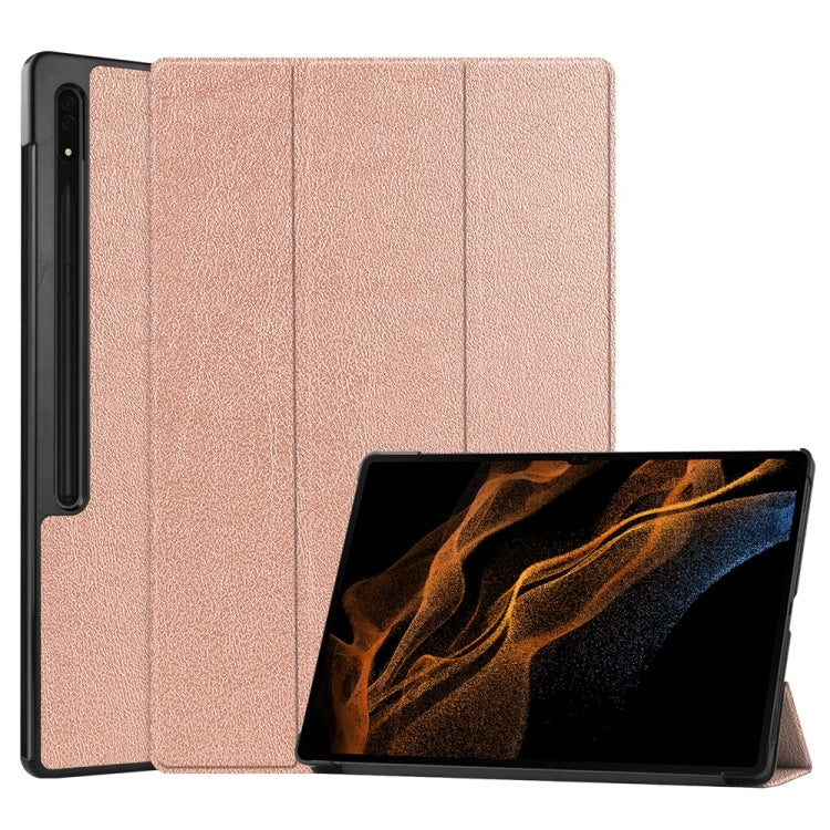 For Samsung Galaxy Tab S9 Ultra JUNSUNMAY Custer Solid Color 3-Fold Stand Leather Smart Tablet Case(Rose Gold) - Galaxy Tab S9 Ultra Cases by JUNSUNMAY | Online Shopping South Africa | PMC Jewellery | Buy Now Pay Later Mobicred