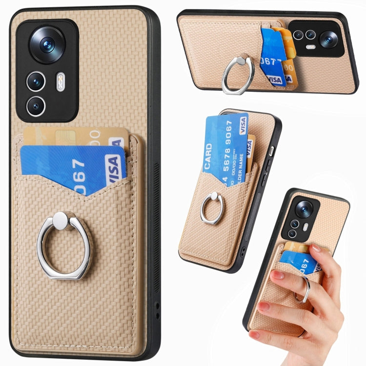 For Xiaomi 12T Pro Carbon Fiber Card Wallet Ring Holder Phone Case(Khaki) - Xiaomi Cases by PMC Jewellery | Online Shopping South Africa | PMC Jewellery | Buy Now Pay Later Mobicred