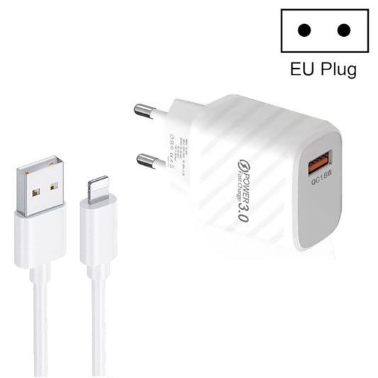 TE-005 QC3.0 18W USB Fast Charger with 1m 3A USB to 8 Pin Cable, EU Plug(White) - USB Charger by PMC Jewellery | Online Shopping South Africa | PMC Jewellery | Buy Now Pay Later Mobicred