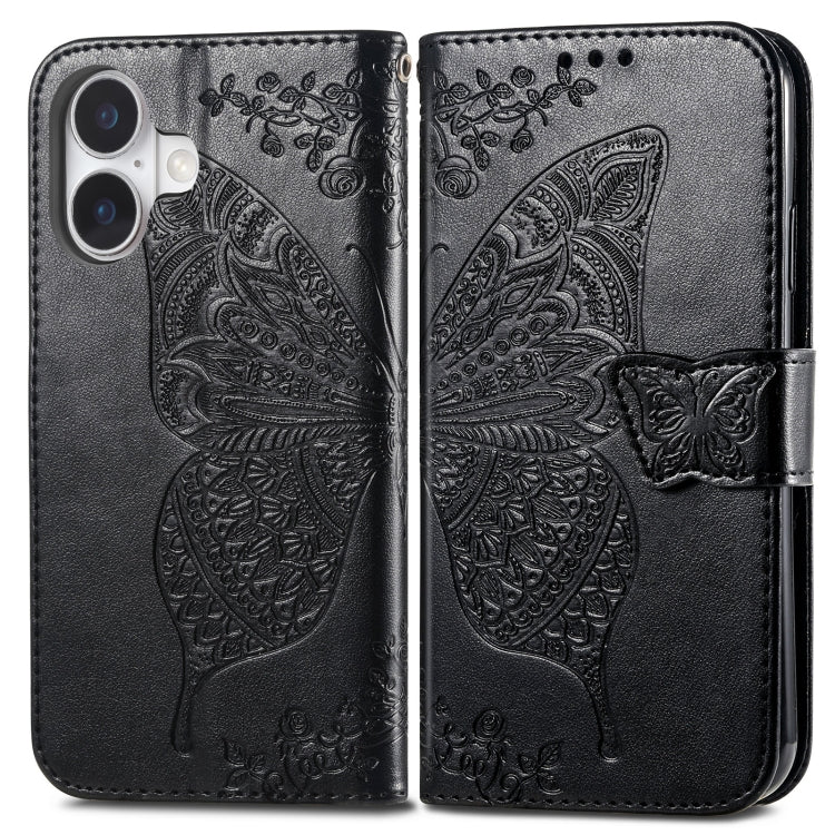 For iPhone 16 Plus Butterfly Love Flower Embossed Leather Phone Case(Black) - free shipping - PMC Jewellery - Order now!