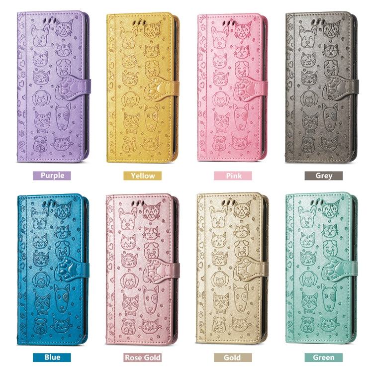 For iPhone 16e Cat and Dog Embossed Leather Phone Case(Purple) - iPhone 16e Cases by PMC TechLife | Online Shopping South Africa | PMC TechLife | Buy Now Pay Later Mobicred