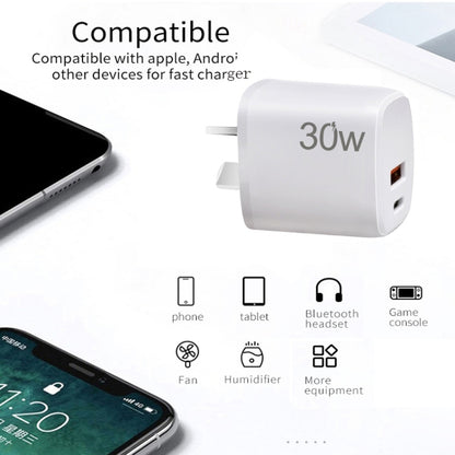 PD30W USB-C / Type-C + QC3.0 USB Charger with 1m Type-C to 8 Pin Data Cable, AU Plug(White) - USB Charger by PMC Jewellery | Online Shopping South Africa | PMC Jewellery | Buy Now Pay Later Mobicred