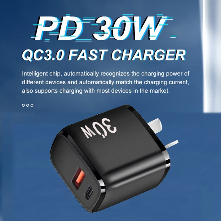 PD30W USB-C / Type-C + QC3.0 USB Charger with 1m Type-C to 8 Pin Data Cable, AU Plug(Black) - USB Charger by PMC Jewellery | Online Shopping South Africa | PMC Jewellery | Buy Now Pay Later Mobicred