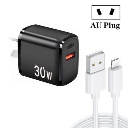 PD30W USB-C / Type-C + QC3.0 USB Charger with 1m USB to 8 Pin Data Cable, AU Plug(Black) - USB Charger by PMC Jewellery | Online Shopping South Africa | PMC Jewellery | Buy Now Pay Later Mobicred