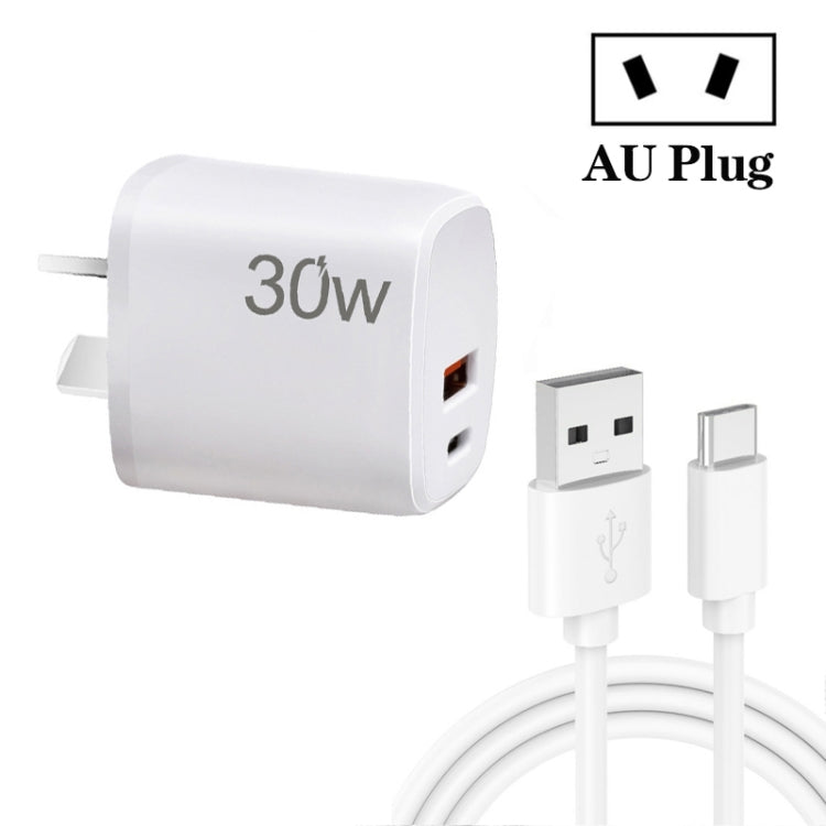 PD30W USB-C / Type-C + QC3.0 USB Charger with 1m USB to Type-C Data Cable, AU Plug(White) - USB Charger by PMC TechLife | Online Shopping South Africa | PMC TechLife | Buy Now Pay Later Mobicred