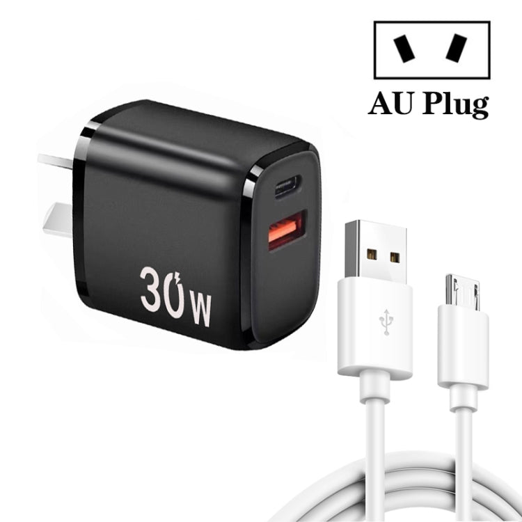 PD30W USB-C / Type-C + QC3.0 USB Charger with 1m USB to Micro USB Data Cable, AU Plug(Black) - USB Charger by PMC TechLife | Online Shopping South Africa | PMC TechLife | Buy Now Pay Later Mobicred
