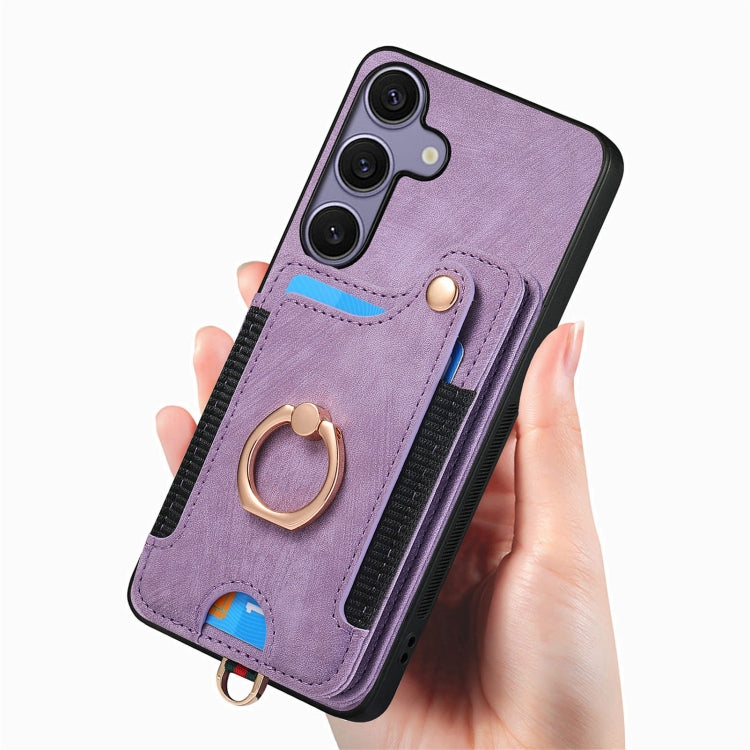 For Samsung Galaxy S25 5G Retro Skin-feel Ring Multi-card Wallet Phone Case(Purple) - Galaxy S25 5G Cases by PMC Jewellery | Online Shopping South Africa | PMC Jewellery | Buy Now Pay Later Mobicred