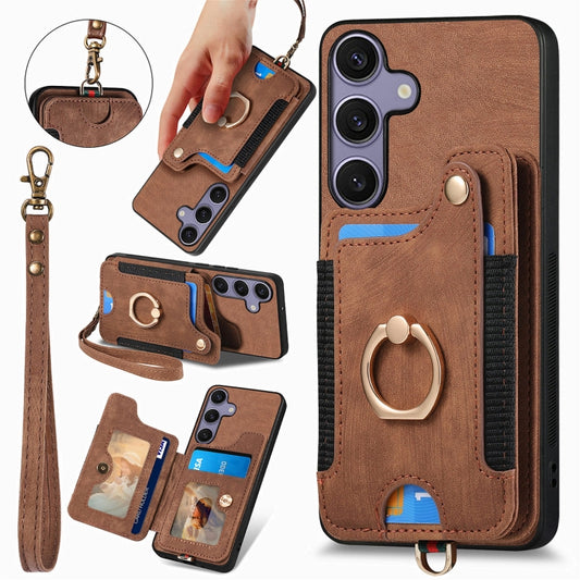 For Samsung Galaxy S25 5G Retro Skin-feel Ring Multi-card Wallet Phone Case(Brown) - Galaxy S25 5G Cases by PMC Jewellery | Online Shopping South Africa | PMC Jewellery | Buy Now Pay Later Mobicred