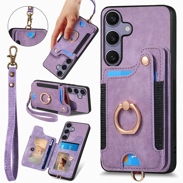 For Samsung Galaxy S25+ 5G Retro Skin-feel Ring Multi-card Wallet Phone Case(Purple) - Galaxy S25+ 5G Cases by PMC Jewellery | Online Shopping South Africa | PMC Jewellery | Buy Now Pay Later Mobicred