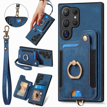 For Samsung Galaxy S25 Ultra 5G Retro Skin-feel Ring Multi-card Wallet Phone Case(Blue) - Galaxy S25 Ultra 5G Cases by PMC Jewellery | Online Shopping South Africa | PMC Jewellery | Buy Now Pay Later Mobicred