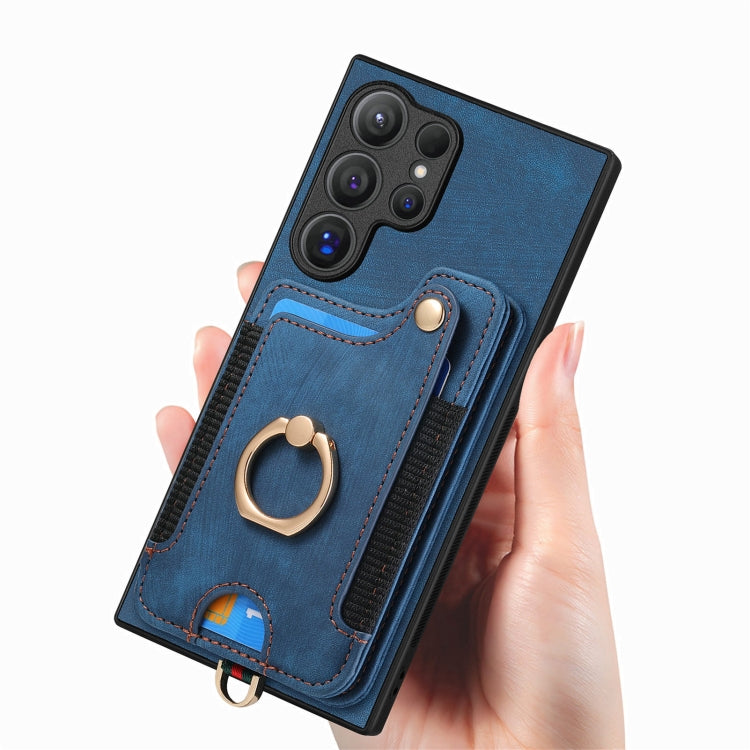 For Samsung Galaxy S25 Ultra 5G Retro Skin-feel Ring Multi-card Wallet Phone Case(Blue) - Galaxy S25 Ultra 5G Cases by PMC Jewellery | Online Shopping South Africa | PMC Jewellery | Buy Now Pay Later Mobicred