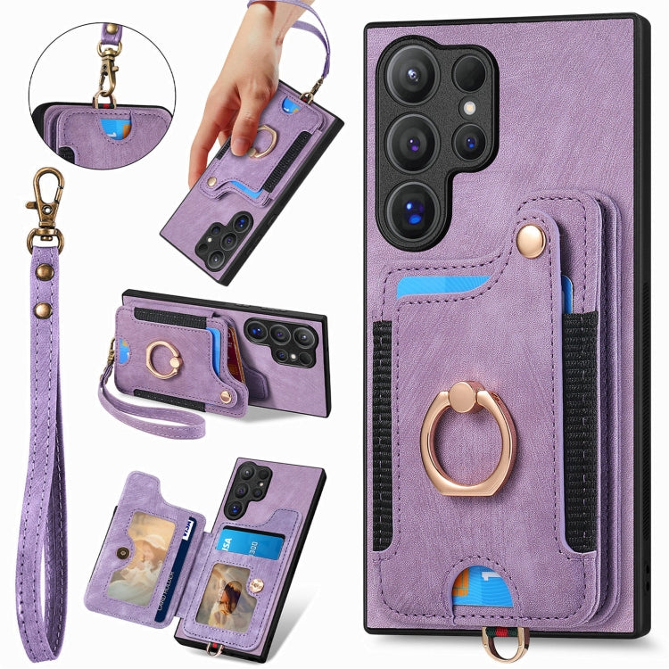 For Samsung Galaxy S25 Ultra 5G Retro Skin-feel Ring Multi-card Wallet Phone Case(Purple) - Galaxy S25 Ultra 5G Cases by PMC Jewellery | Online Shopping South Africa | PMC Jewellery | Buy Now Pay Later Mobicred