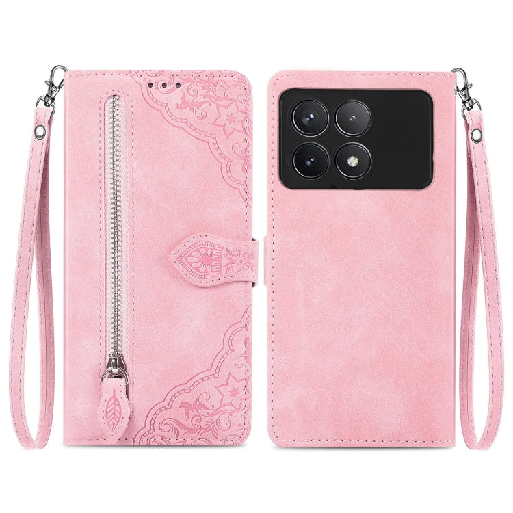 For Xiaomi Redmi K70 Embossed Flower Zipper Leather Phone Case(Pink) - K70 Cases by PMC Jewellery | Online Shopping South Africa | PMC Jewellery | Buy Now Pay Later Mobicred