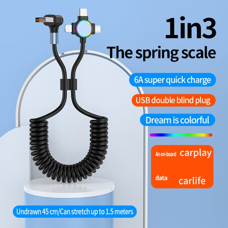 66W 3 in 1 USB Elbow to 8 Pin + Micro USB + USB-C / Type-C Fast Charging Spring Cable(Black) - Multifunction Cable by PMC TechLife | Online Shopping South Africa | PMC TechLife