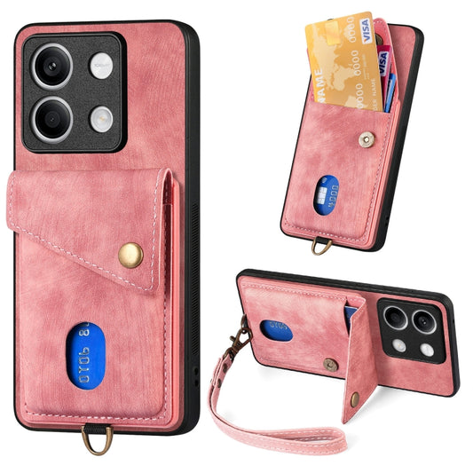 For Xiaomi Redmi Note 13 5G Retro Card Wallet Fold Leather Phone Case with Strap(Pink) - Note 13 Cases by PMC Jewellery | Online Shopping South Africa | PMC Jewellery | Buy Now Pay Later Mobicred