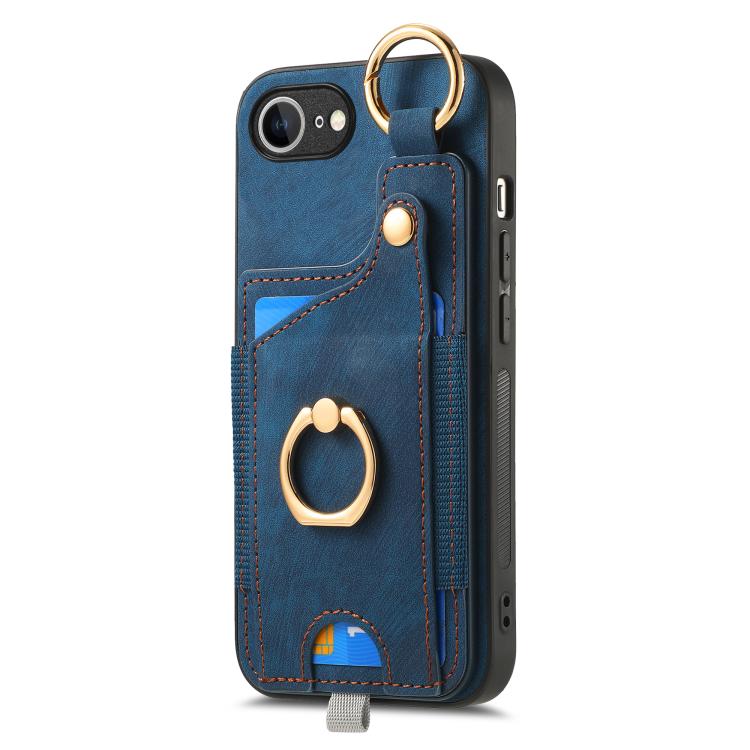 For iPhone 16e Retro Skin-feel Ring Card Bag Phone Case with Hang Loop(Blue) - iPhone 16e Cases by PMC TechLife | Online Shopping South Africa | PMC TechLife | Buy Now Pay Later Mobicred