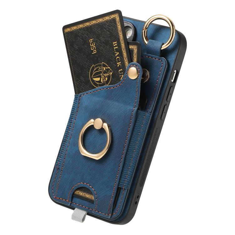 For iPhone 16e Retro Skin-feel Ring Card Bag Phone Case with Hang Loop(Blue) - iPhone 16e Cases by PMC TechLife | Online Shopping South Africa | PMC TechLife | Buy Now Pay Later Mobicred