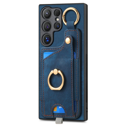 For Samsung Galaxy S24 Ultra 5G Retro Skin-feel Ring Card Bag Phone Case with Hang Loop(Blue) - Galaxy S24 Ultra 5G Cases by PMC Jewellery | Online Shopping South Africa | PMC Jewellery | Buy Now Pay Later Mobicred