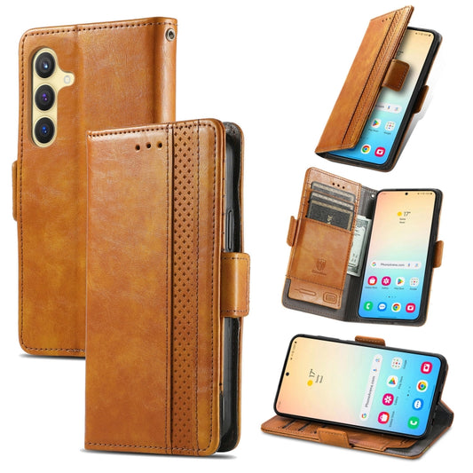 For Samsung Galaxy S25+ 5G CaseNeo Splicing Dual Magnetic Buckle Leather Phone Case(Khaki) - Galaxy S25+ 5G Cases by CaseNeo | Online Shopping South Africa | PMC Jewellery | Buy Now Pay Later Mobicred