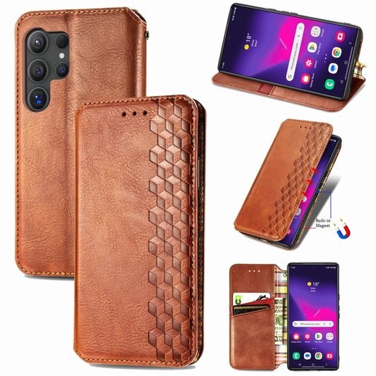 For Samsung Galaxy S25 Ultra 5G Cubic Grid Pressed Magnetic Leather Phone Case(Brown) - Galaxy S25 Ultra 5G Cases by PMC Jewellery | Online Shopping South Africa | PMC Jewellery | Buy Now Pay Later Mobicred