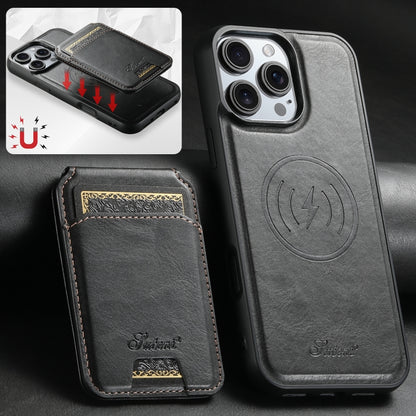 For iPhone 16 Pro Suteni H15 MagSafe Oil Eax Leather Detachable Wallet Back Phone Case(Black) - iPhone 16 Pro Cases by Suteni | Online Shopping South Africa | PMC Jewellery | Buy Now Pay Later Mobicred