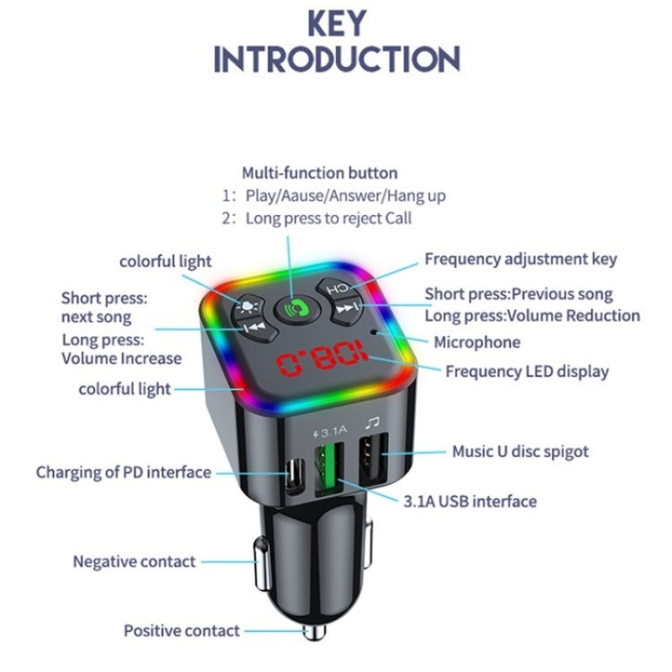 Colorful light Car Hands-free Call Bluetooth Receiver Support U Disk MP3 Player - Bluetooth Car Kits by PMC TechLife | Online Shopping South Africa | PMC TechLife | Buy Now Pay Later Mobicred