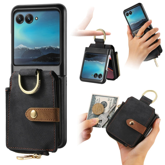 For Motorola Razr 40 Ultra Retro Skin-feel Ring Multi-card Wallet Phone Case(Black) - Motorola Cases by PMC Jewellery | Online Shopping South Africa | PMC Jewellery | Buy Now Pay Later Mobicred