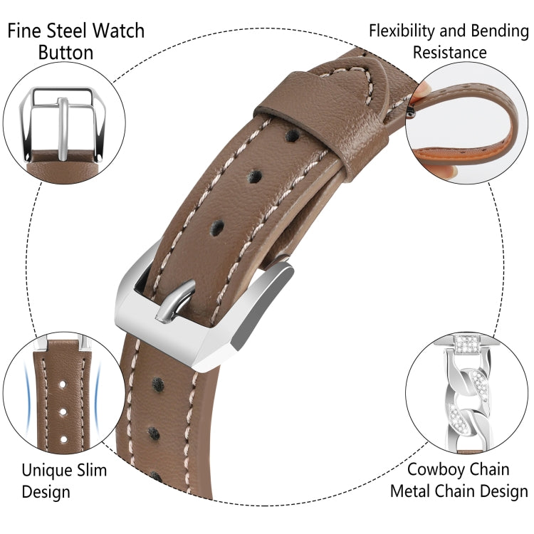 For Apple Watch Series 5 44mm Rhinestone Denim Chain Leather Watch Band(Dark Brown) - Watch Bands by PMC Jewellery | Online Shopping South Africa | PMC Jewellery